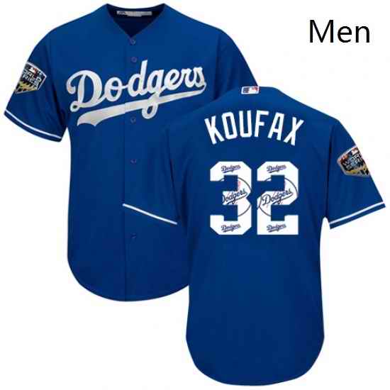 Mens Majestic Los Angeles Dodgers 32 Sandy Koufax Authentic Royal Blue Team Logo Fashion Cool Base 2018 World Series MLB Jersey